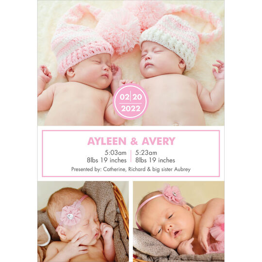 Pink and White Simple Twins Photo Birth Announcements